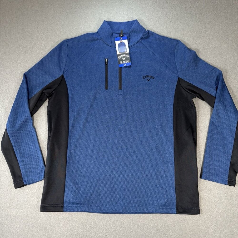 Callaway Pullover Mens L 1/4‎ Zip Fleece Lined Golf Blue Pocket Casual Mock Neck